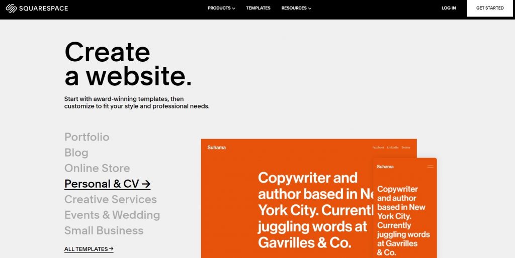 Squarespace's homepage with a list of templates' categories.
