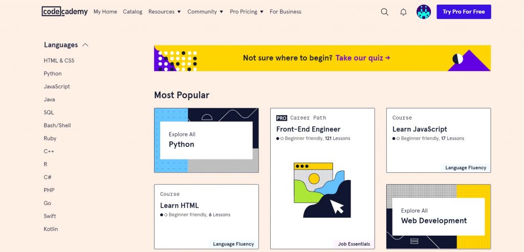 The most popular learning courses and programming languages on Codecademy.