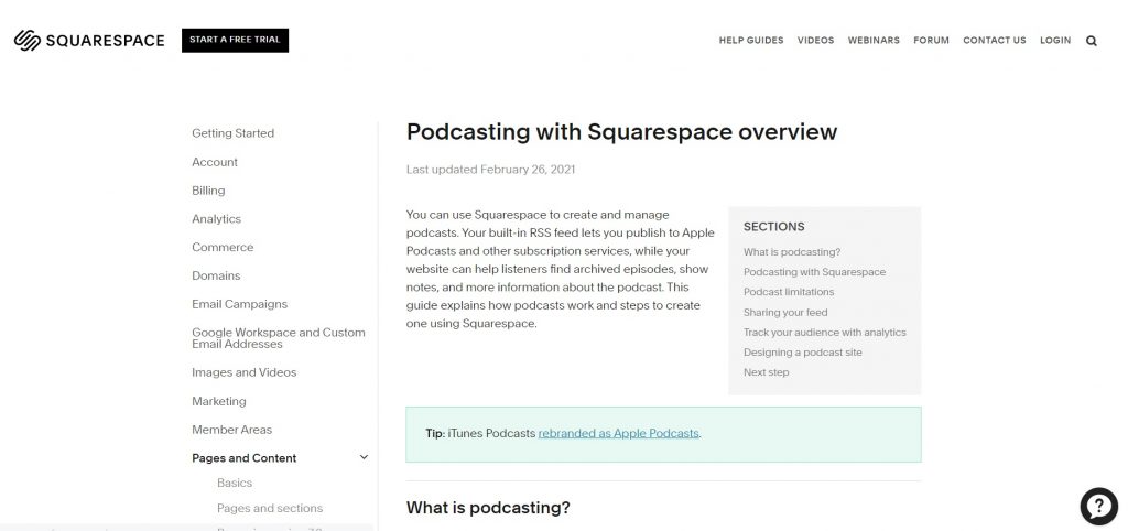 Squarespace's knowledge base with step-by-step instruction about podcasting.