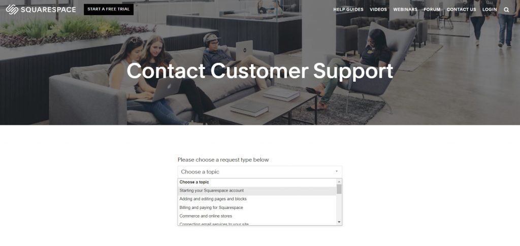 Choosing the topic on the Squarespace's Customer Support page