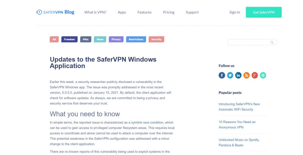 SaferVPN blog page.