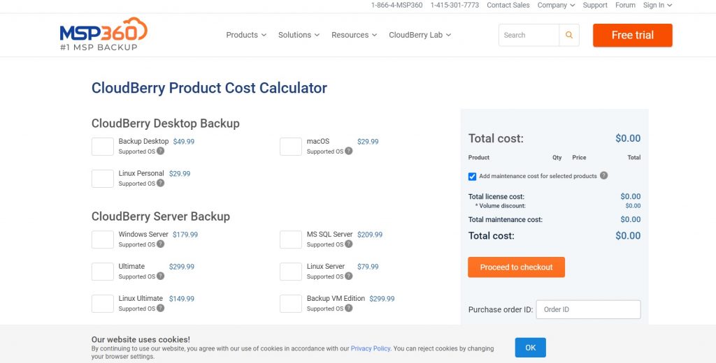 The pricing page with cost calculator. CloudBerry Backup.