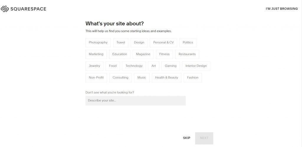 One of the questions from the survey is about the user's business industry. Squarespace.