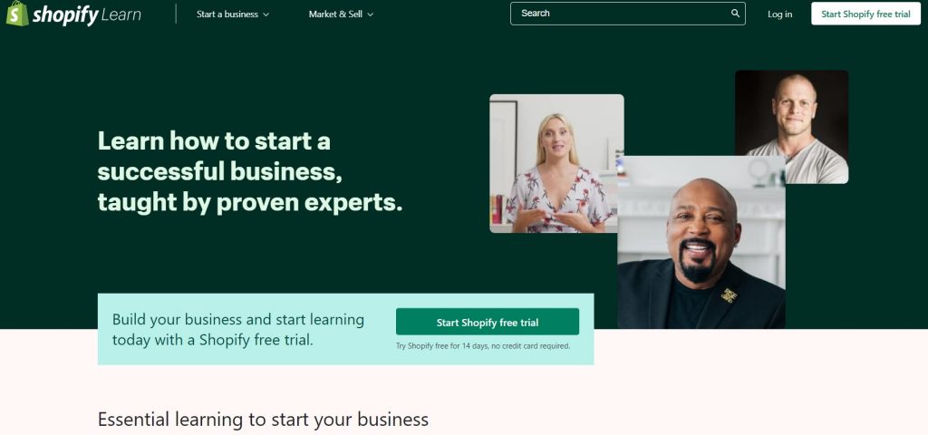 Shopify’s page with available business courses. 