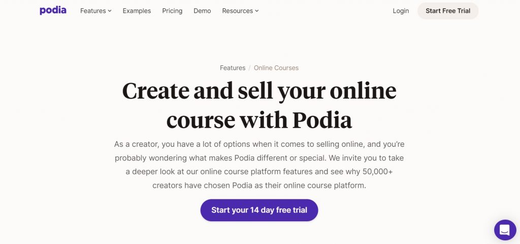 Podia’s home page.